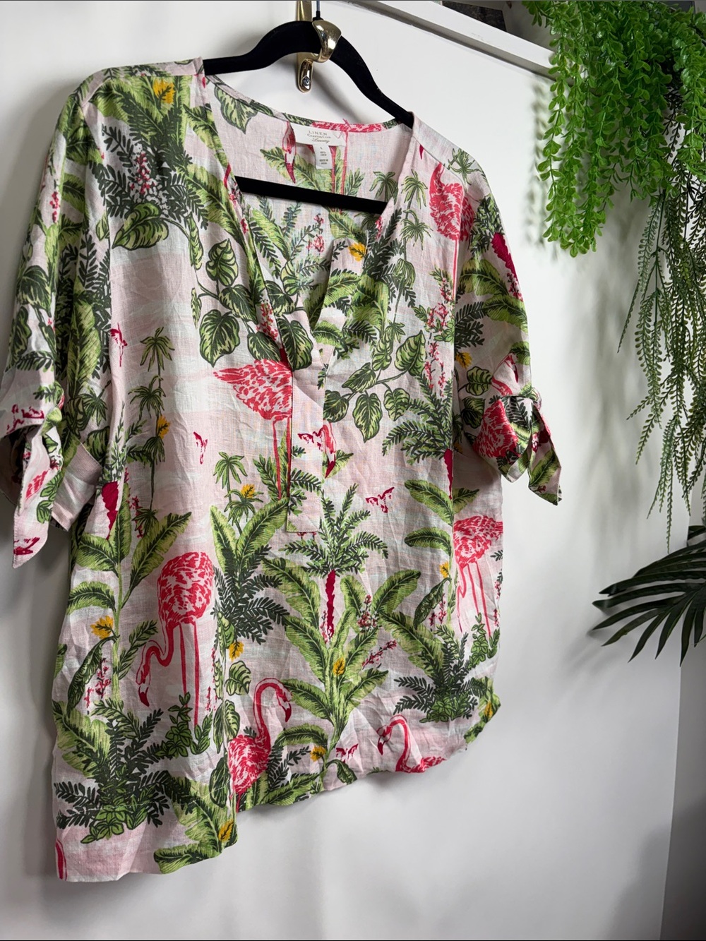 Charter Club Pink & Green Flamingo V-Neck blouse linen